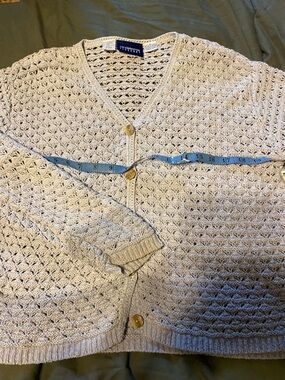 Open-Knit light blue tones Button-Up Cardigan shell design size M Liz Claiborne